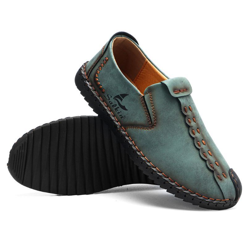 Heren Micfofiber Leer Draagbare Zachte Zool Slip-on Hand Stiksels Platte Schoenen