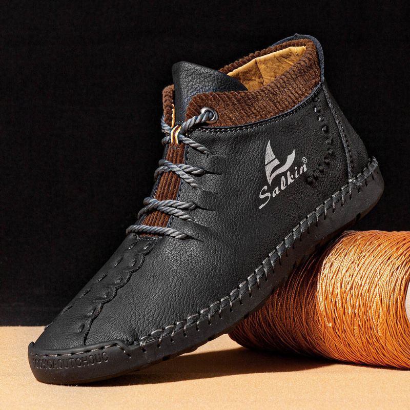 Heren Microfiber Lederen Handstiksels Ademend Zacht Korte Splicing Lace Up Casual Schoenen