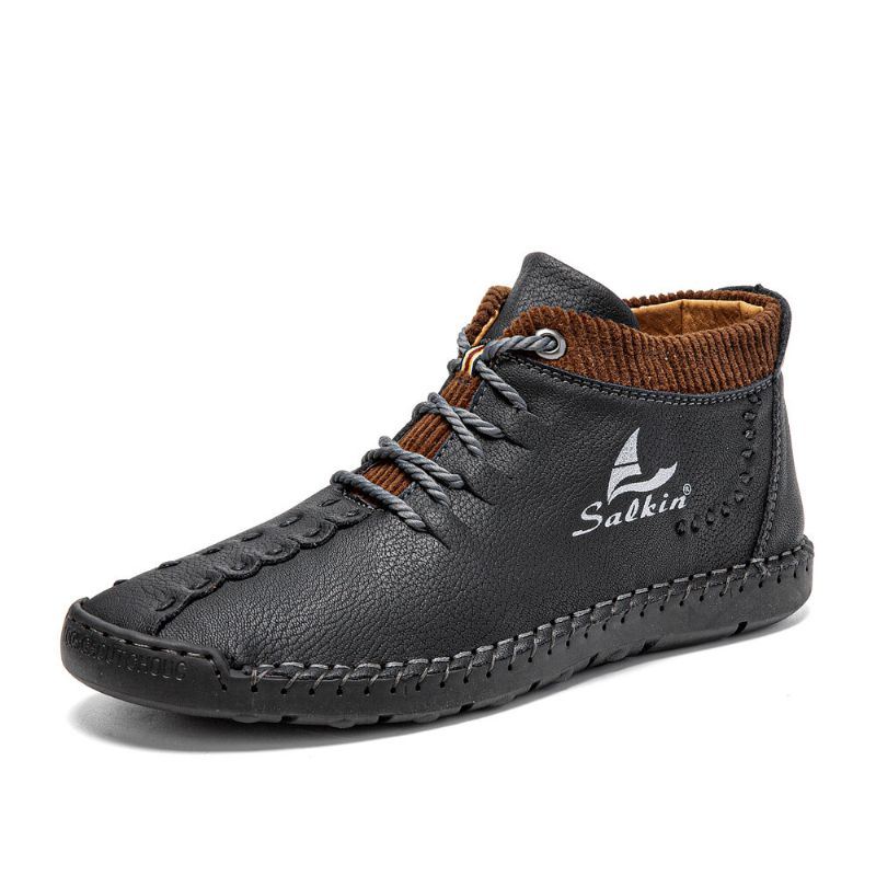 Heren Microfiber Lederen Handstiksels Ademend Zacht Korte Splicing Lace Up Casual Schoenen