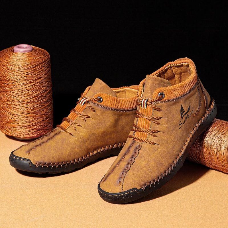 Heren Microfiber Lederen Handstiksels Ademend Zacht Korte Splicing Lace Up Casual Schoenen