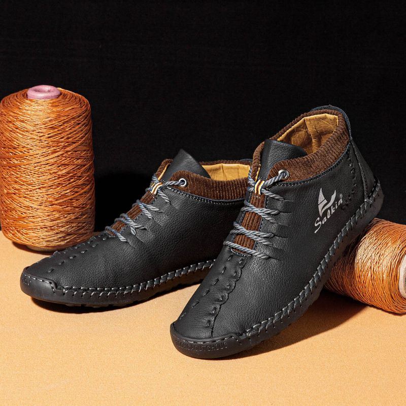 Heren Microfiber Lederen Handstiksels Ademend Zacht Korte Splicing Lace Up Casual Schoenen