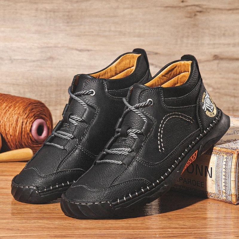 Heren Microfiber Lederen Handstiksels Ademende Zachte Zool Comfortabele Korte Casual Schoenen Met Veters