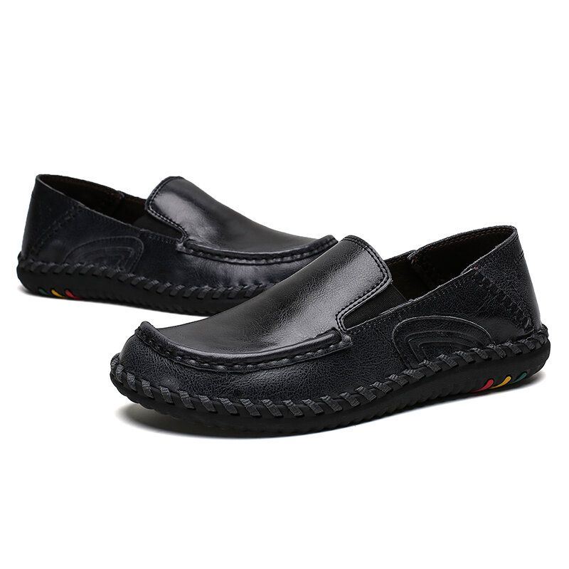 Heren Pure Kleur Zacht Leer Antislip Brede Fit Casual Slip-on Hand Stiksels Schoenen