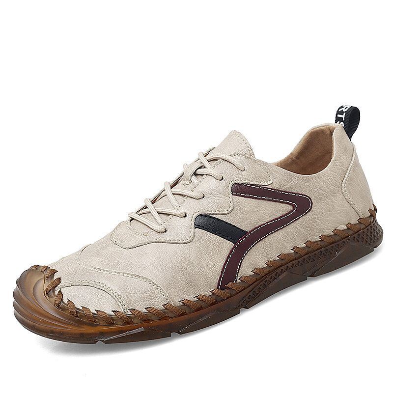 Heren Retro Leer Zachte Draagbare Zool Handstiksels Casual Platte Schoenen