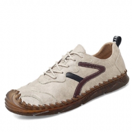 Heren Retro Leer Zachte Draagbare Zool Handstiksels Casual Platte Schoenen