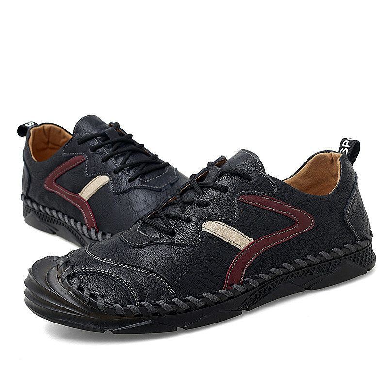 Heren Retro Leer Zachte Draagbare Zool Handstiksels Casual Platte Schoenen