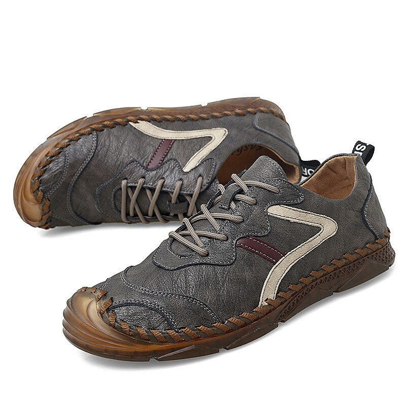 Heren Retro Leer Zachte Draagbare Zool Handstiksels Casual Platte Schoenen