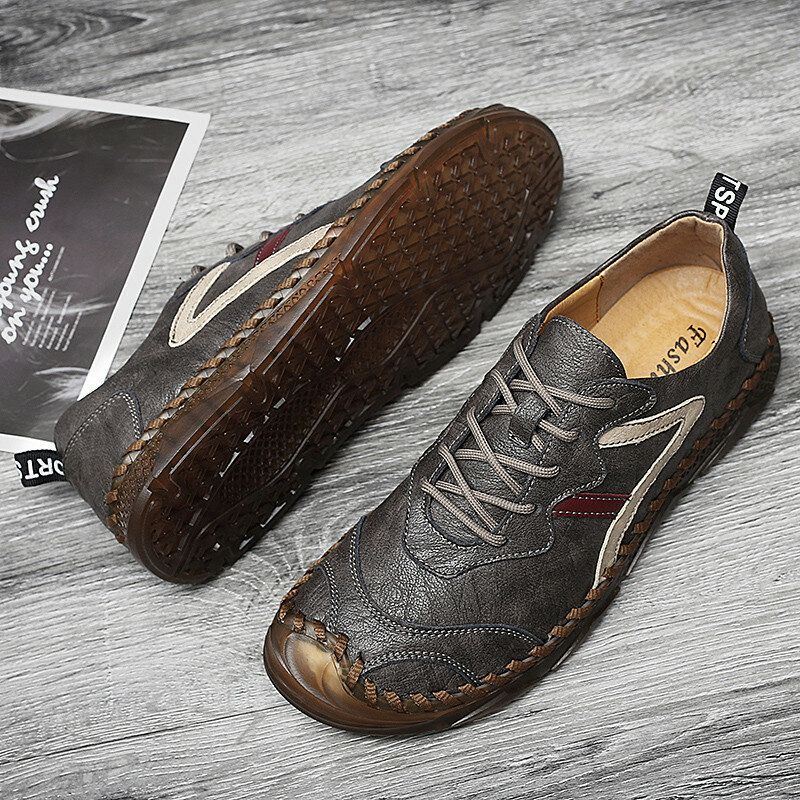 Heren Retro Leer Zachte Draagbare Zool Handstiksels Casual Platte Schoenen