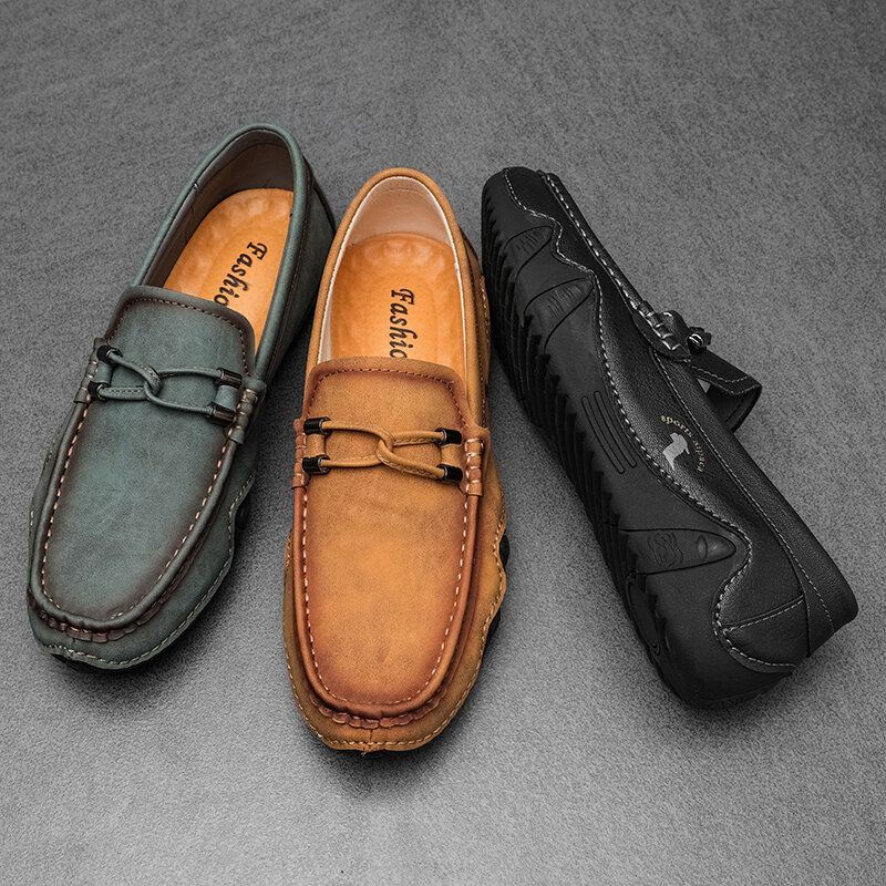 Heren Rundleer Ademend Zachte Zool Slip On Korte Solid Casual Rijschoenen