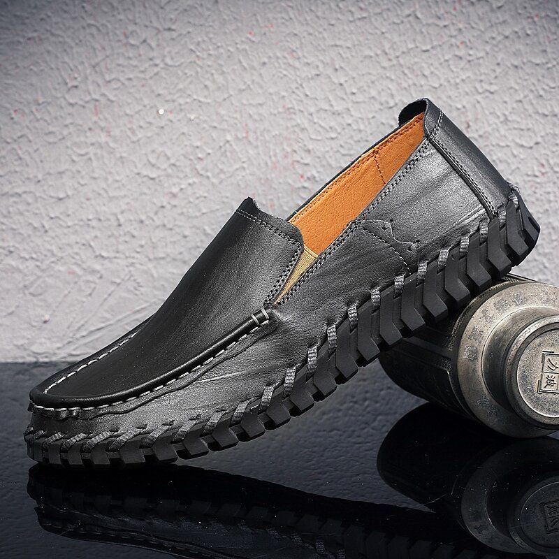 Heren Rundleer Uitgehold Ademend Handstiksels Zachte Zool Slip On Casual Schoenen