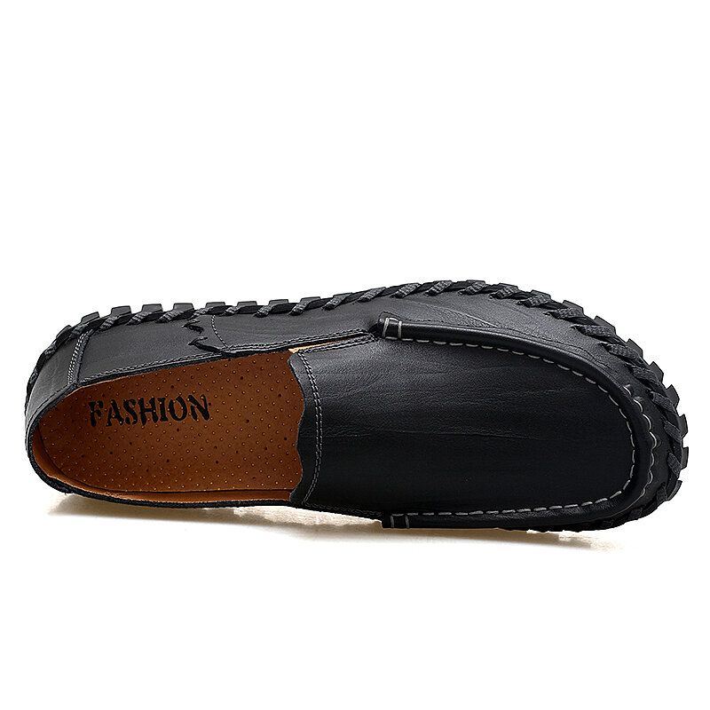 Heren Rundleer Uitgehold Ademend Handstiksels Zachte Zool Slip On Casual Schoenen