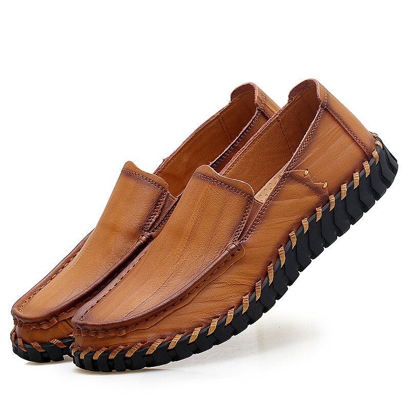 Heren Rundleer Uitgehold Ademend Handstiksels Zachte Zool Slip On Casual Schoenen