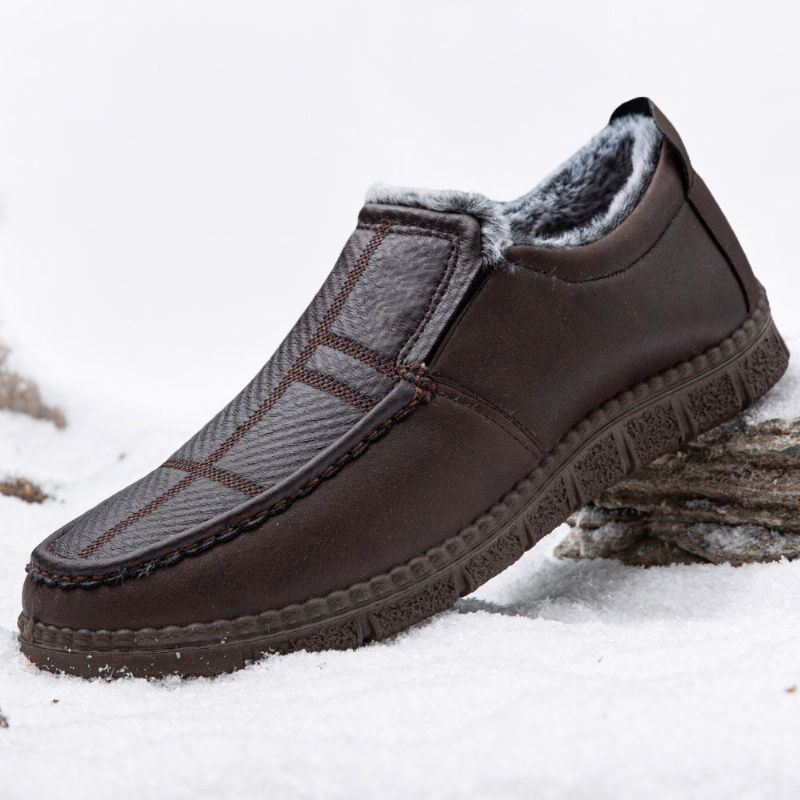 Herenleer Antislip Warm Gevoerd Zachte Zool Solide Comfortabele Slip On Outdoor Casual Sneeuwschoenen