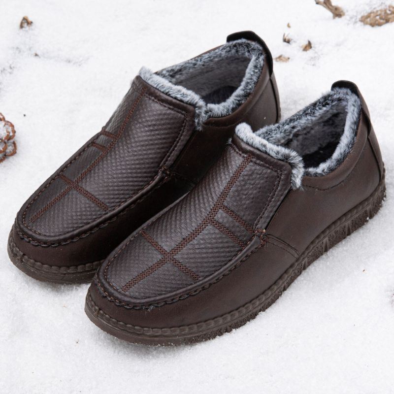 Herenleer Antislip Warm Gevoerd Zachte Zool Solide Comfortabele Slip On Outdoor Casual Sneeuwschoenen