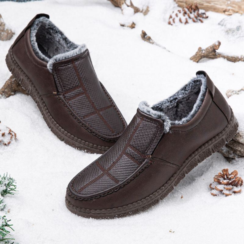 Herenleer Antislip Warm Gevoerd Zachte Zool Solide Comfortabele Slip On Outdoor Casual Sneeuwschoenen