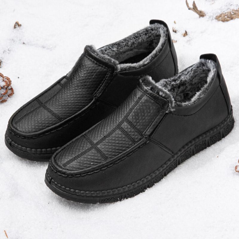 Herenleer Antislip Warm Gevoerd Zachte Zool Solide Comfortabele Slip On Outdoor Casual Sneeuwschoenen