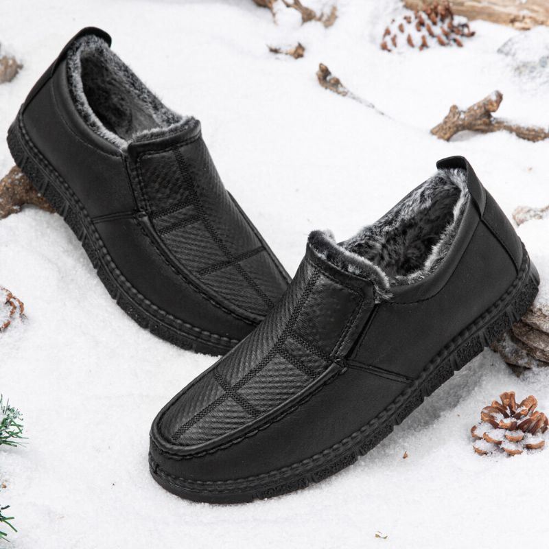 Herenleer Antislip Warm Gevoerd Zachte Zool Solide Comfortabele Slip On Outdoor Casual Sneeuwschoenen