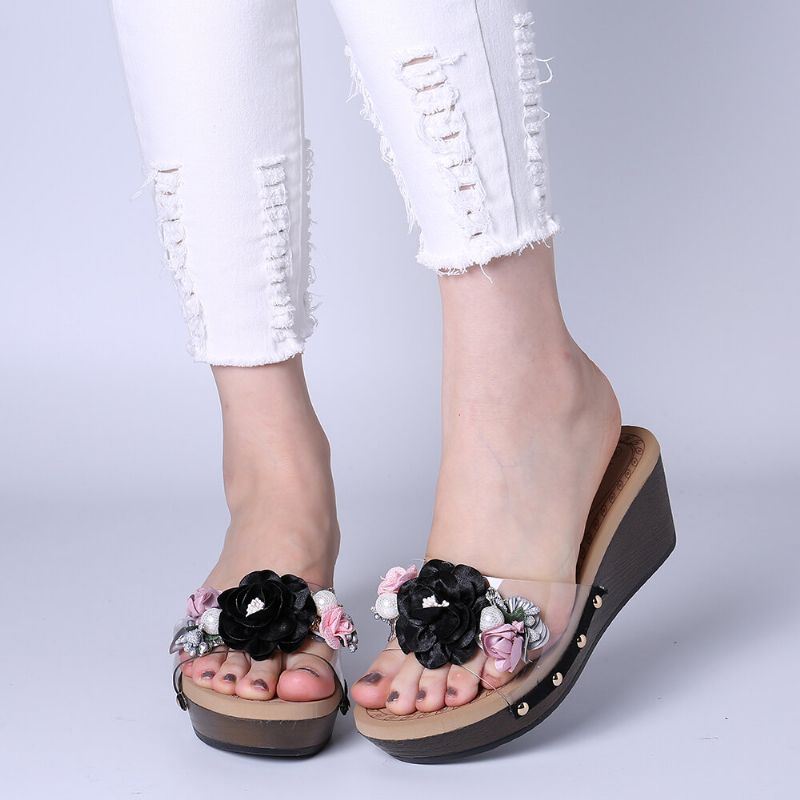 Dames Bloemen Transparante Klinknagels Wedges Slide Slippers