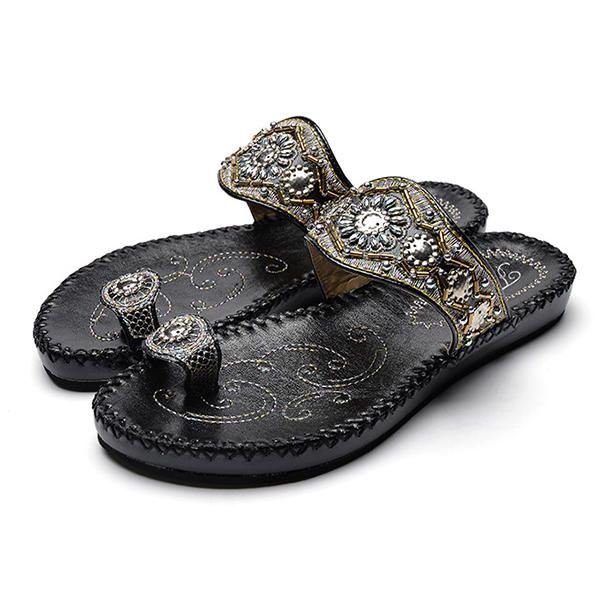 Dames Bohemen Sandalen Clip Teen Platte Borduurwerk Casual Strand Slipper