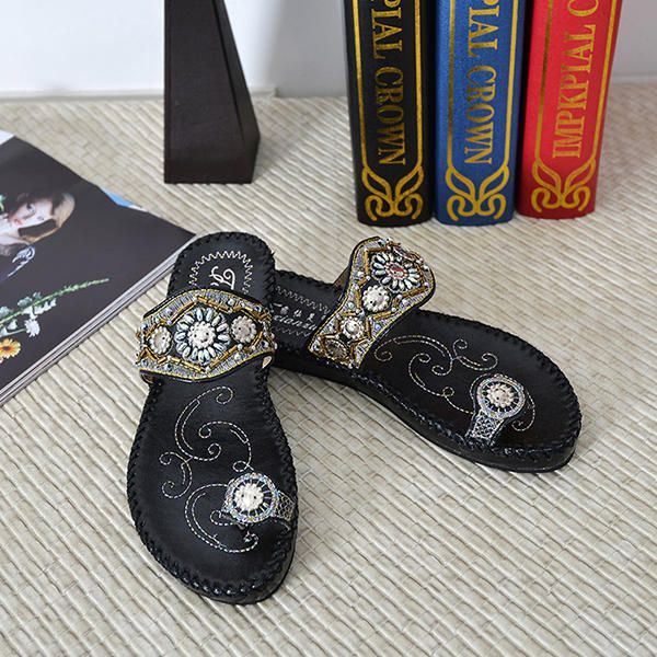 Dames Bohemen Sandalen Clip Teen Platte Borduurwerk Casual Strand Slipper