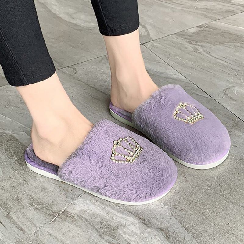 Dames Casual Pluche Warme Strass Kroon Decor Winter Indoor Slippers