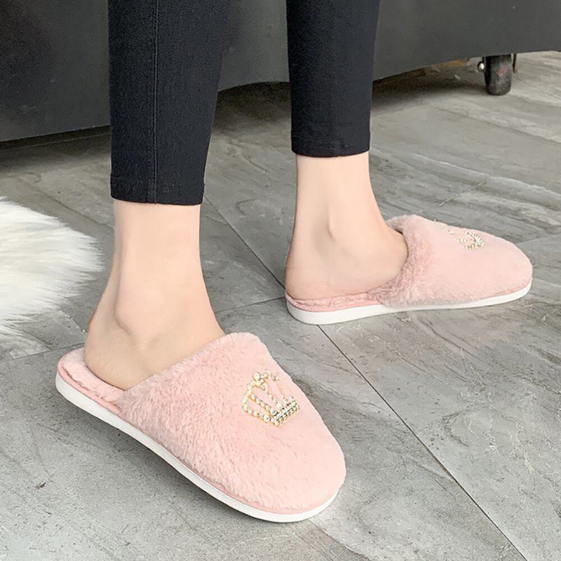 Dames Casual Pluche Warme Strass Kroon Decor Winter Indoor Slippers