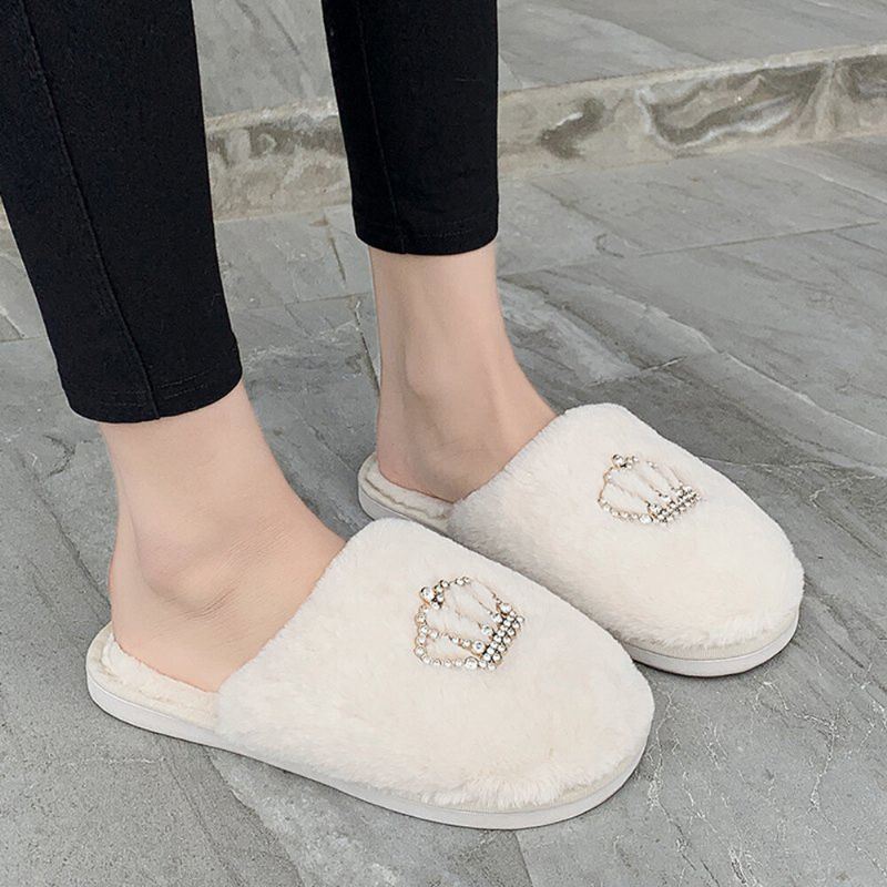 Dames Casual Pluche Warme Strass Kroon Decor Winter Indoor Slippers