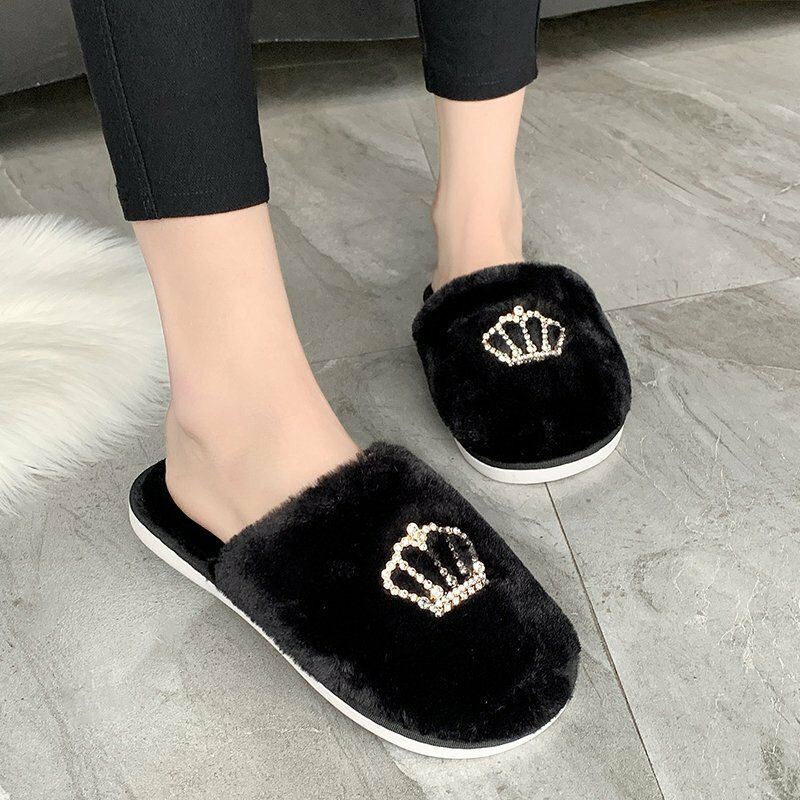 Dames Casual Pluche Warme Strass Kroon Decor Winter Indoor Slippers