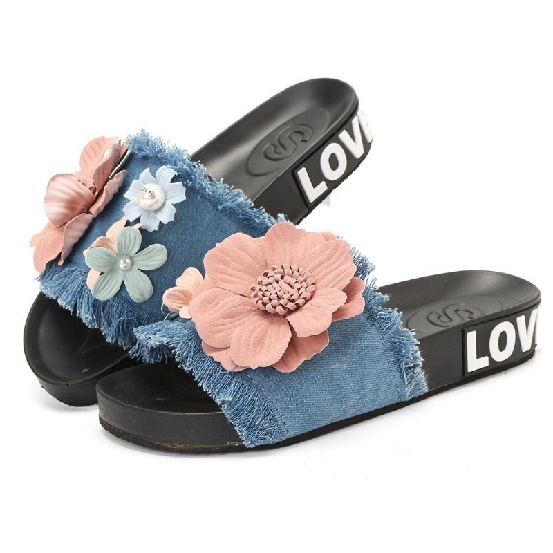 Dames Casual Strand Bloemen Denim Doek Pantoffels