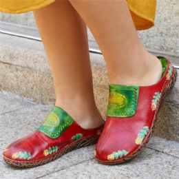 Dames Echt Lederen Handgemaakte Retro Etnische Bloemen Slip-on Comfortabele Gesloten Teen Slippers