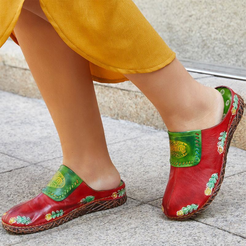 Dames Echt Lederen Handgemaakte Retro Etnische Bloemen Slip-on Comfortabele Gesloten Teen Slippers