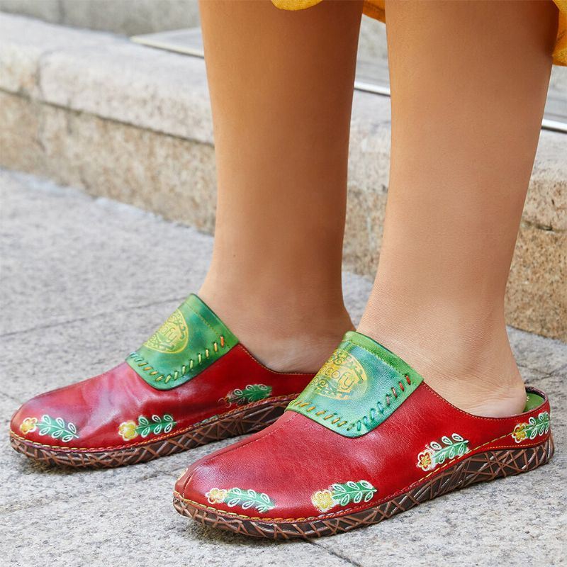 Dames Echt Lederen Handgemaakte Retro Etnische Bloemen Slip-on Comfortabele Gesloten Teen Slippers