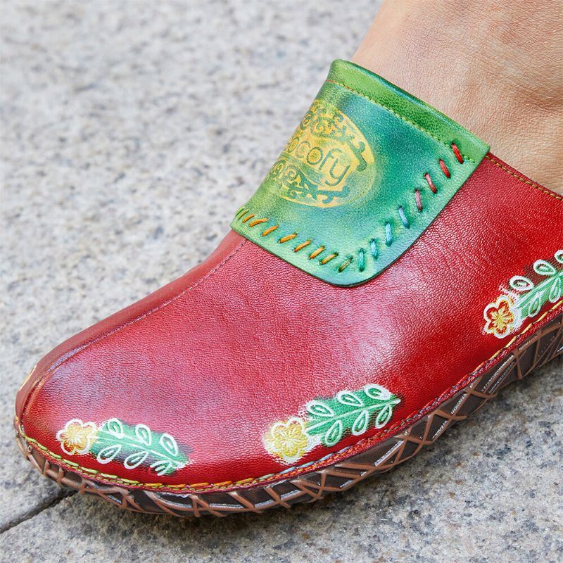 Dames Echt Lederen Handgemaakte Retro Etnische Bloemen Slip-on Comfortabele Gesloten Teen Slippers