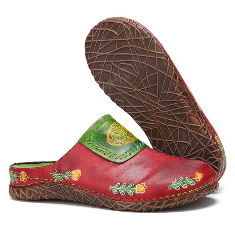 Dames Echt Lederen Handgemaakte Retro Etnische Bloemen Slip-on Comfortabele Gesloten Teen Slippers