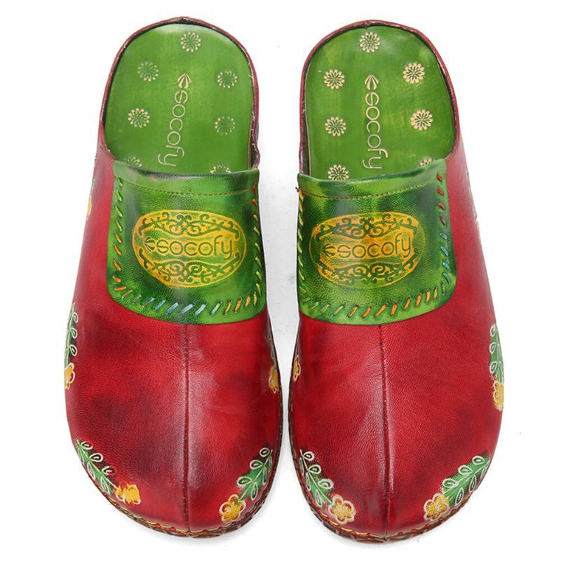 Dames Echt Lederen Handgemaakte Retro Etnische Bloemen Slip-on Comfortabele Gesloten Teen Slippers