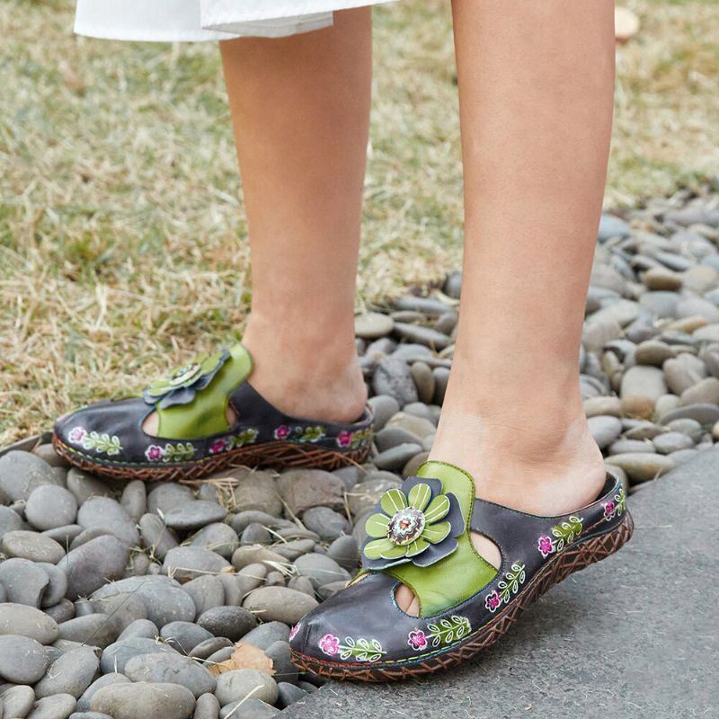 Dames Echt Lederen Handgemaakte Retro Etnische Bloemen Verfraaid Slip-on Comfortabele Gesloten Teen Slippers