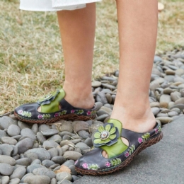 Dames Echt Lederen Handgemaakte Retro Etnische Bloemen Verfraaid Slip-on Comfortabele Gesloten Teen Slippers