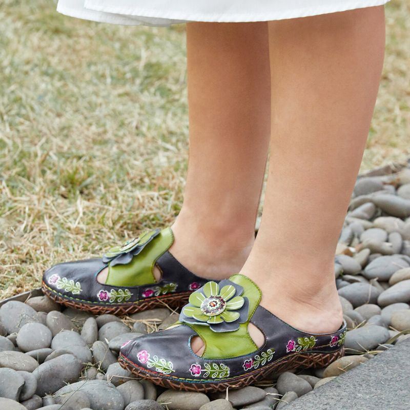 Dames Echt Lederen Handgemaakte Retro Etnische Bloemen Verfraaid Slip-on Comfortabele Gesloten Teen Slippers