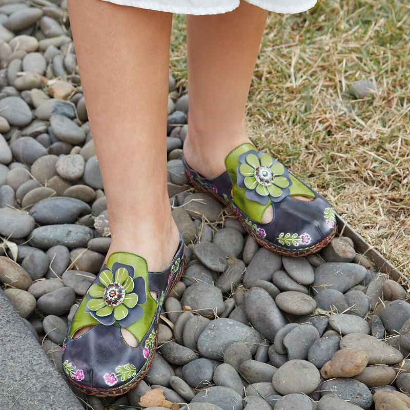 Dames Echt Lederen Handgemaakte Retro Etnische Bloemen Verfraaid Slip-on Comfortabele Gesloten Teen Slippers