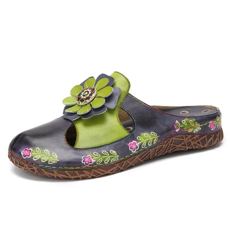 Dames Echt Lederen Handgemaakte Retro Etnische Bloemen Verfraaid Slip-on Comfortabele Gesloten Teen Slippers