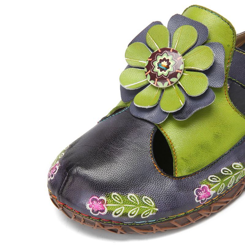 Dames Echt Lederen Handgemaakte Retro Etnische Bloemen Verfraaid Slip-on Comfortabele Gesloten Teen Slippers