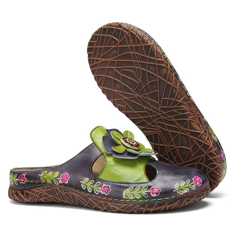 Dames Echt Lederen Handgemaakte Retro Etnische Bloemen Verfraaid Slip-on Comfortabele Gesloten Teen Slippers