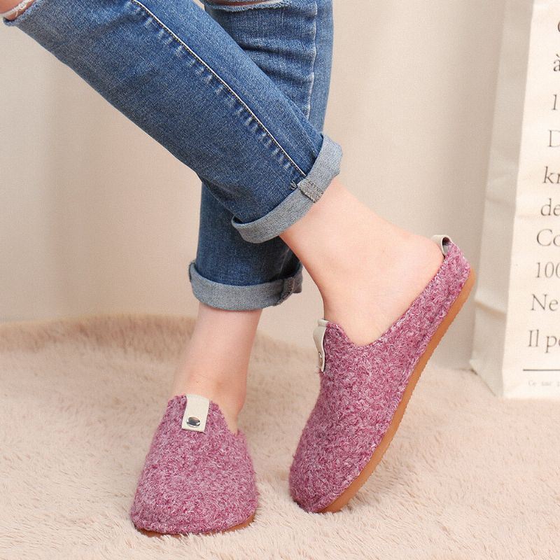 Dames Effen Kleur Metalen Gesp Huishoudelijke Katoenen Slip On Indoor Platte Huis Schoenen Slippers