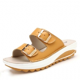 Dames Grote Maat Zachte Lederen Gesp Peeptoe Pantoffels Slip Op Strand Platform Sandalen