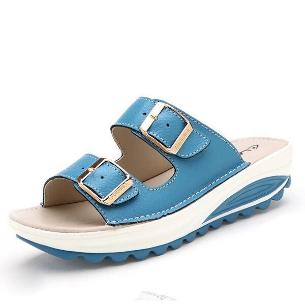 Dames Grote Maat Zachte Lederen Gesp Peeptoe Pantoffels Slip Op Strand Platform Sandalen