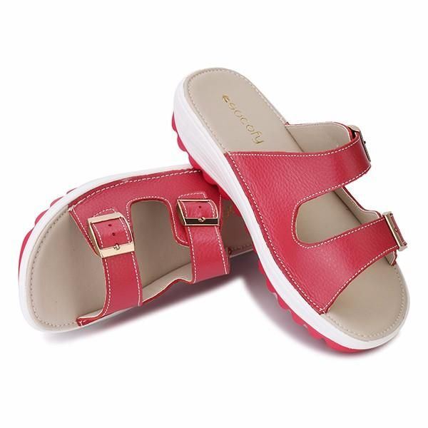 Dames Grote Maat Zachte Lederen Gesp Peeptoe Pantoffels Slip Op Strand Platform Sandalen