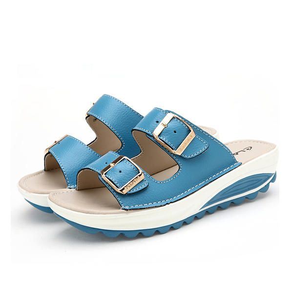 Dames Grote Maat Zachte Lederen Gesp Peeptoe Pantoffels Slip Op Strand Platform Sandalen