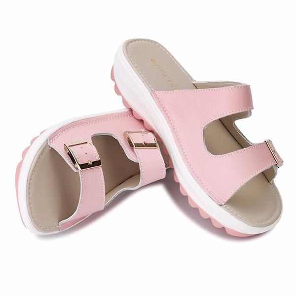 Dames Grote Maat Zachte Lederen Gesp Peeptoe Pantoffels Slip Op Strand Platform Sandalen