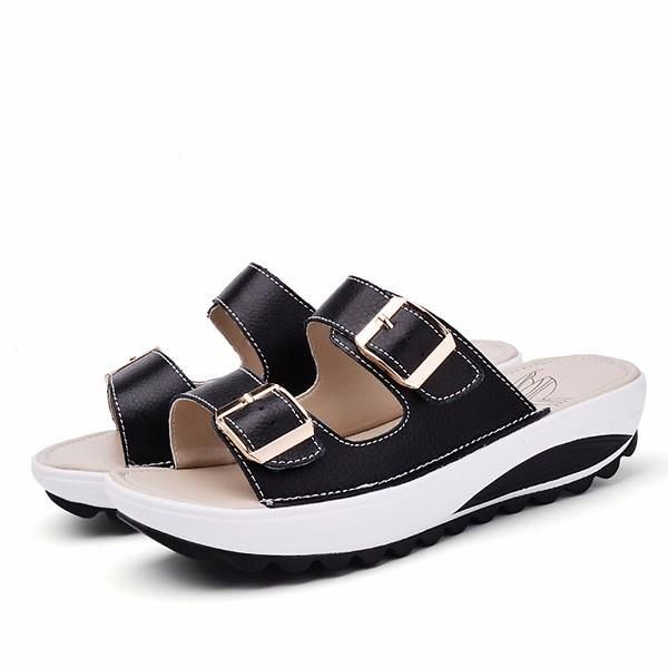 Dames Grote Maat Zachte Lederen Gesp Peeptoe Pantoffels Slip Op Strand Platform Sandalen