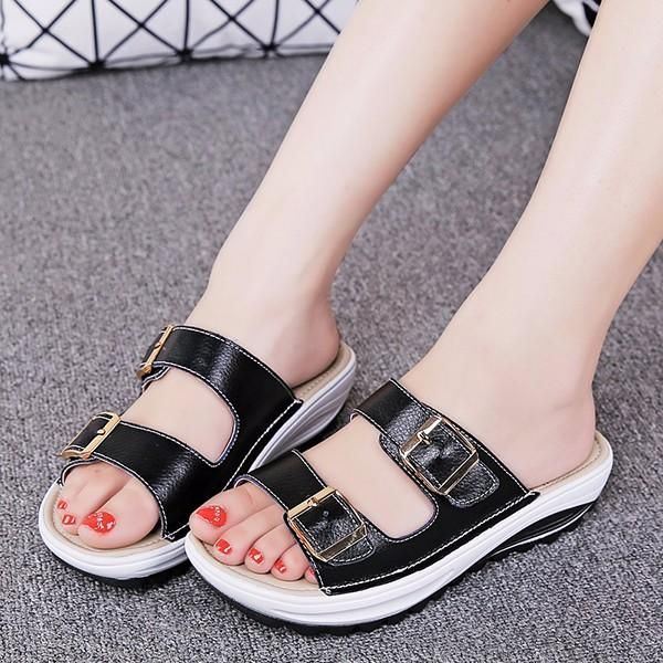 Dames Grote Maat Zachte Lederen Gesp Peeptoe Pantoffels Slip Op Strand Platform Sandalen